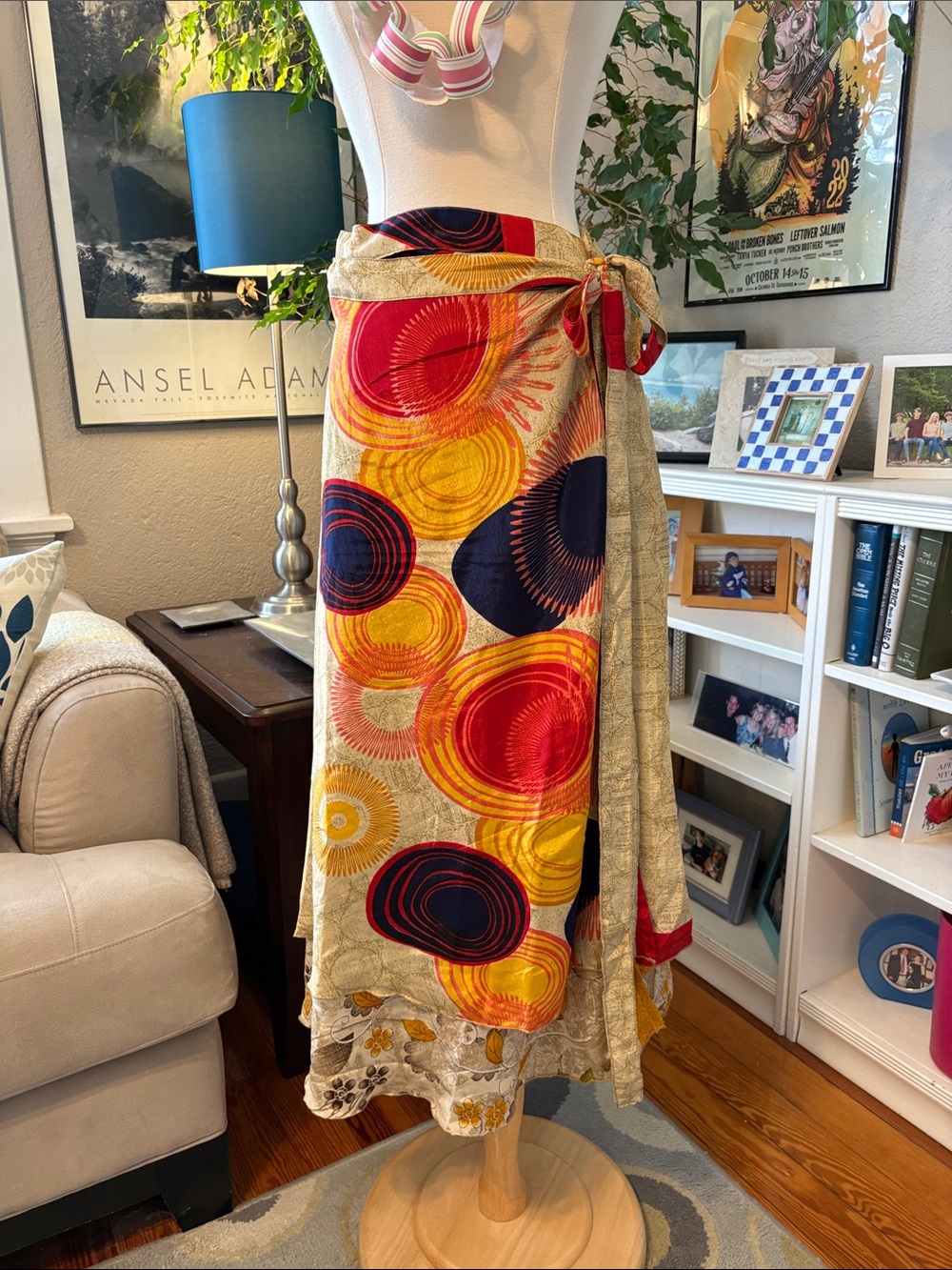 Vibrant Multi-Color Circle Floral Wrap Skirt One Size Silk Darn Good Yarn Maxi